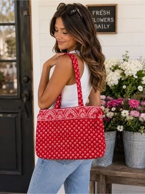 Red Patterned Tote Bag - Women's Shoulder Bag